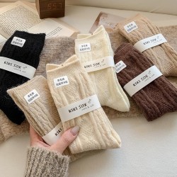 Women's Wool Socks Winter Warm Mid-Calf Knit Thermal Fleece-Lined Solid Color Long Socks