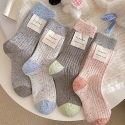 Winter Wool Socks for Women - Thermal Mid-Calf Fleece-Lined Socks with Color Block Design and Knit Cuff