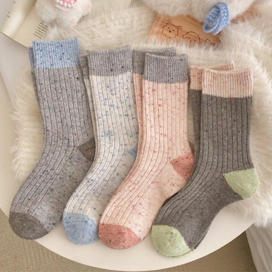 Winter Wool Socks for Women - Thermal Mid-Calf Fleece-Lined Socks with Color Block Design and Knit Cuff
