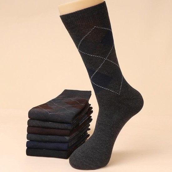 Classic Diamond Pattern Men's Crew Socks | Winter Cotton Dress Socks for Business & Casual Wear