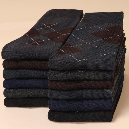 Classic Diamond Pattern Men's Crew Socks | Winter Cotton Dress Socks for Business & Casual Wear